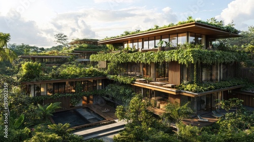 Lush, modern, sustainable residential complex nestled in a tropical paradise.  Features include multiple levels, outdoor living spaces, and abundant greenery