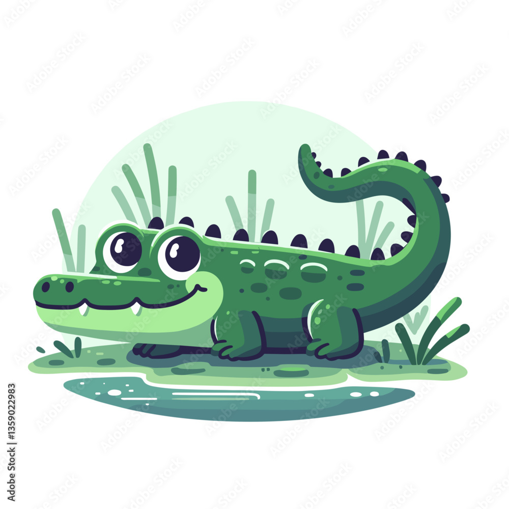 Fototapeta premium Friendly cartoon alligator in swamp environment. Perfect for children's books, wildlife education, and tropical themed designs.