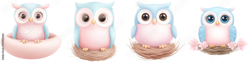 Obraz premium Cute cartoon animals and owl friendly, A collection of cute, cartoon owls in various poses, featuring pastel colors and large expressive eyes.