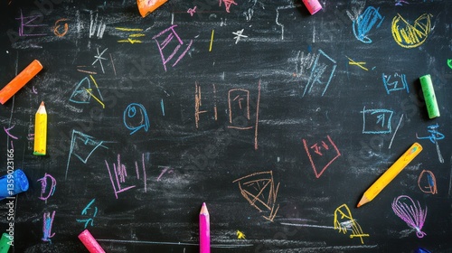 Wallpaper Mural Colorful drawings and crayons on a chalkboard Torontodigital.ca