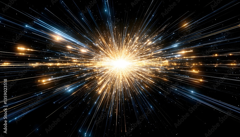 Fototapeta premium Abstract depiction of a cosmic explosion with radiant light beams and star-like particles in space