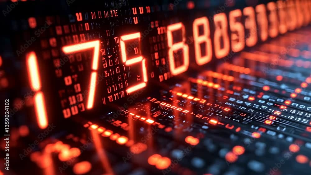 Glowing Red Digital Numbers Displayed On Dark Technology Background Glowing Red Digital Numbers Displayed On Dark Technology Background