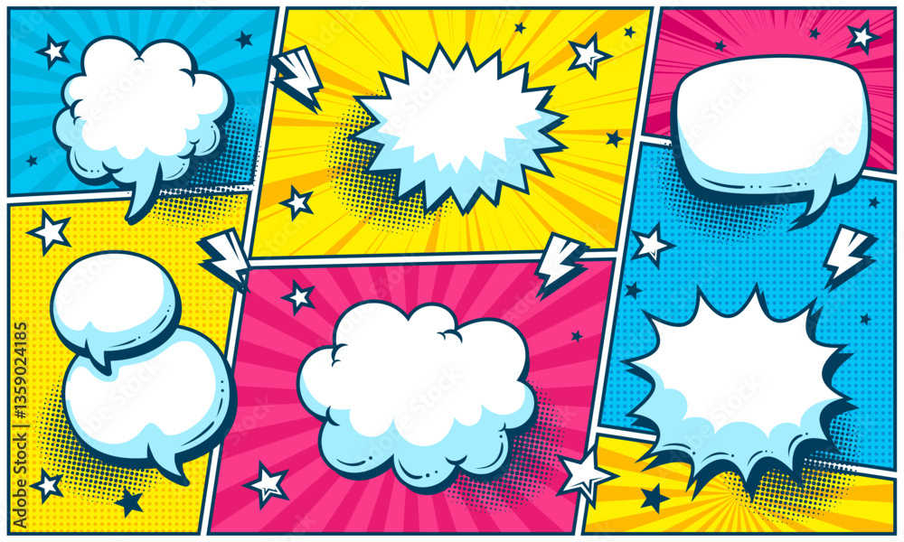 Naklejka premium Colorful comic cartoon background template with blank speech bubble