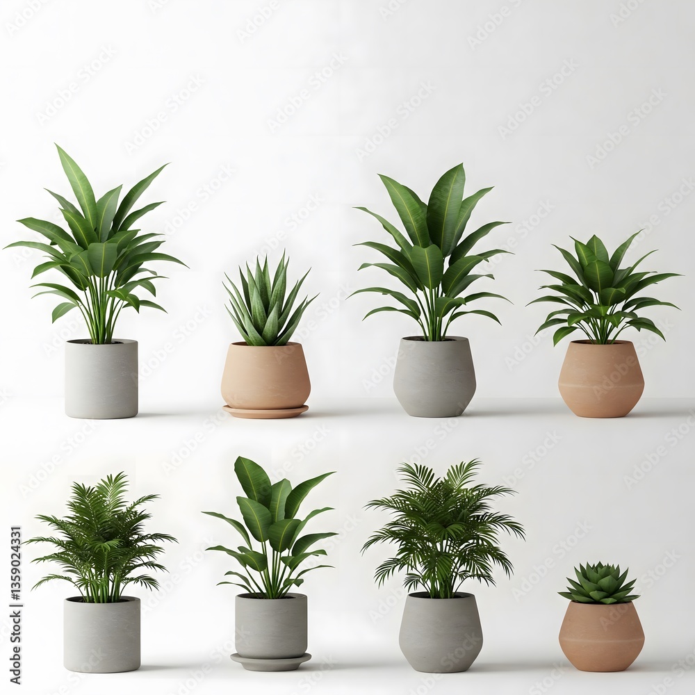 Fototapeta premium A collection of stylish indoor plants in modern pots, adding a touch of greenery to any home or office. Perfect for enhancing your living space with fresh, vibrant foliage.