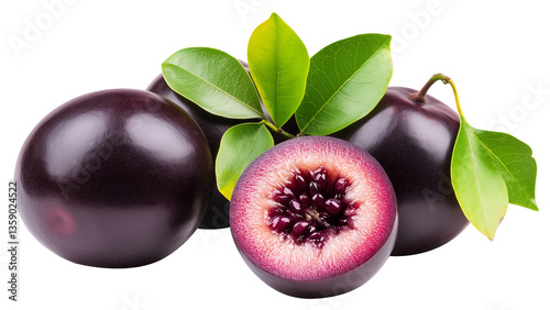 juicy acai berry with green leaves isolated on white background