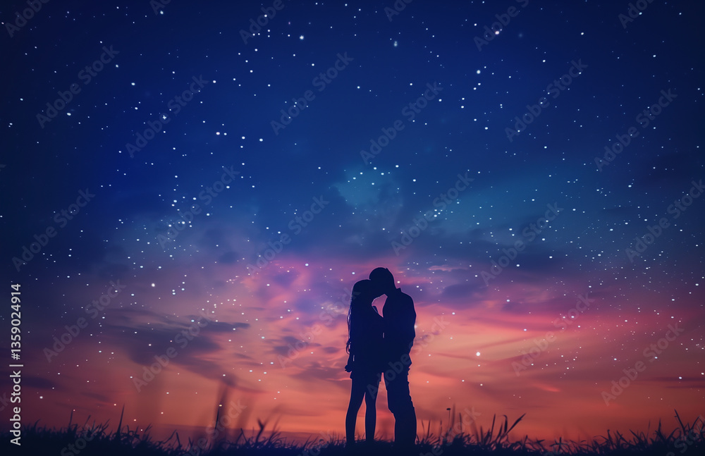 Fototapeta premium Couple stargazing on a beautiful night sky backgeound.