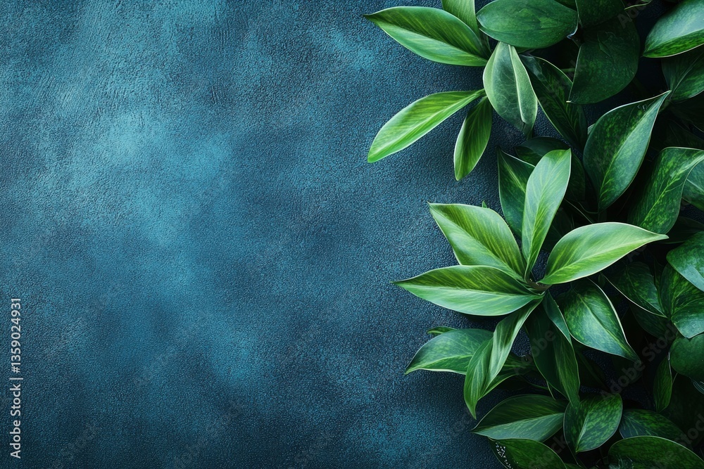 Green Leaves Border on Blue Textured Background with Copy Space