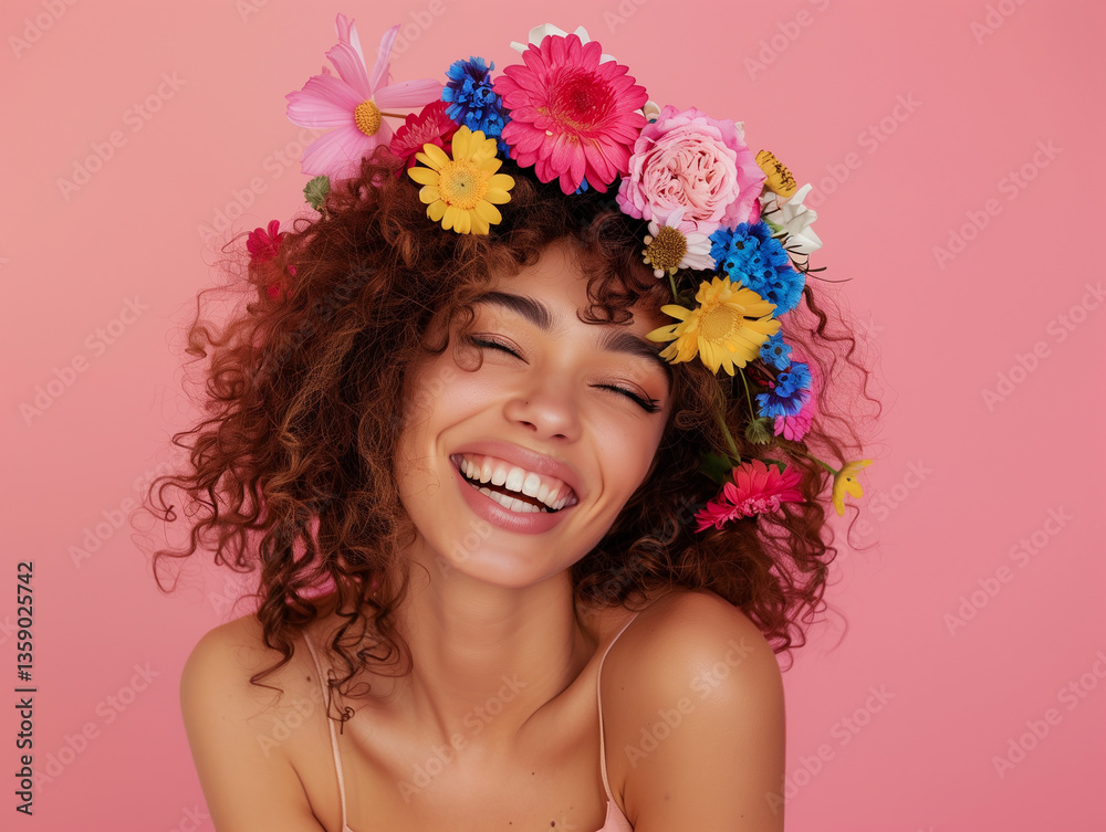 Naklejka premium Beauty young happy woman with wreath from colorful flowers