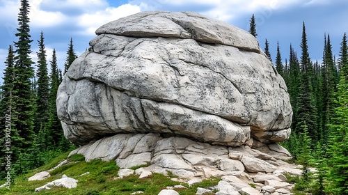 Massive, round boulder in a mountain forest.