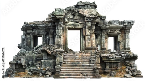 Aged ruins of a historical monument, intricate details of collapsed stone and faded carvings, isolated on a white background. 