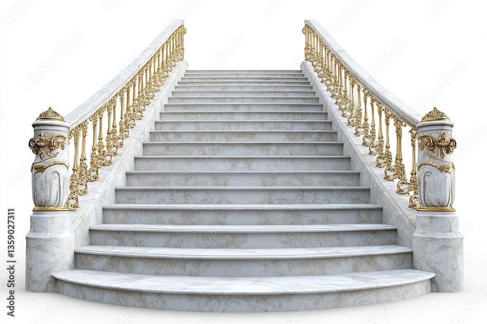 Obraz premium An elegant staircase with marble steps, gilded railings, and decorative motifs along the sides, isolated on a clean white background.