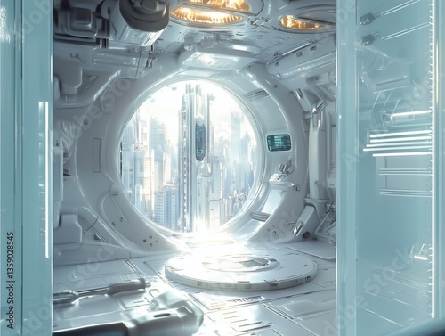 Ultra-modern space pod with panoramic city skyline view.