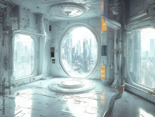 Advanced space capsule with circular windows and futuristic controls.