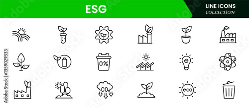 ESG flat line icon set. Outline icon collection related to ecology, environment social governance, risk management, sustainable developmen and more.