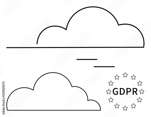 Minimal outline of clouds near GDPR badge surrounded by stars. Ideal for privacy, security, cloud storage, compliance, data protection, technology, and digital regulations. Flat simple metaphor