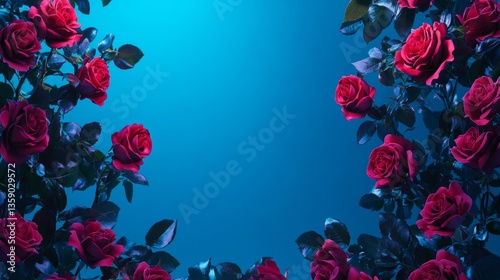 Stunning electric blue background with studio lights displaying vivid floral photography of roses photo