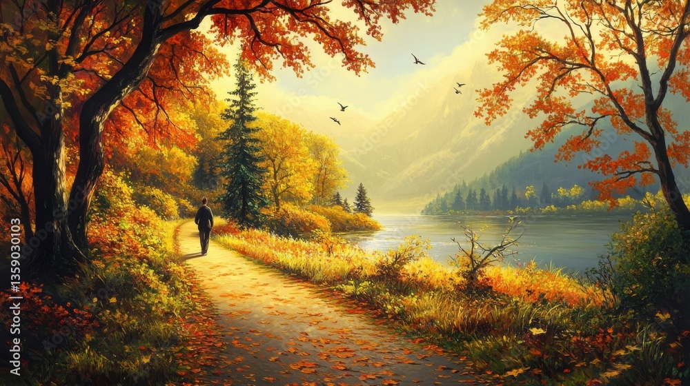 Fototapeta premium Autumn Path Lakeside Solitude