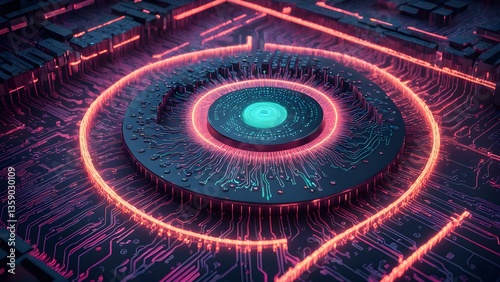 Neon Circuit Board Core: Glowing Technological Abstract