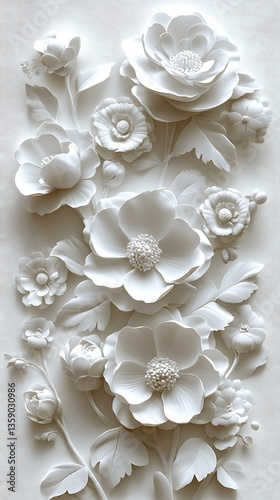 Intricate White Floral Relief with Three-Dimensional Petal Details