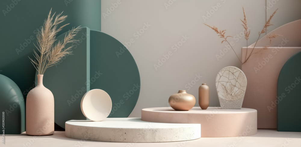 lovely display of elegant vases and dried plants on neutral-toned geometric shapes lovely display of elegant vases and dried plants on neutral-toned geometric shapes