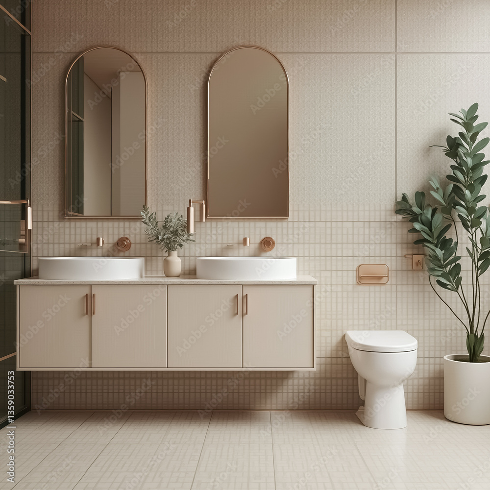 Fototapeta premium elegant double sink bathroom vanity with arched mirrors