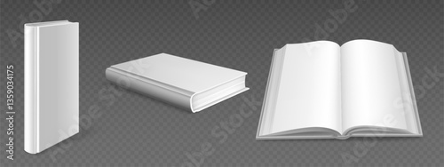 Open and closed book mockup set isolated on transparent background. Vector realistic illustration of blank diary notebook with empty white pages and hard cover, education item, top and side view