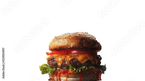 a juicy cheeseburger topped with lettuce, tomatoes, and ketchup, served on a sesame seed bun, top view