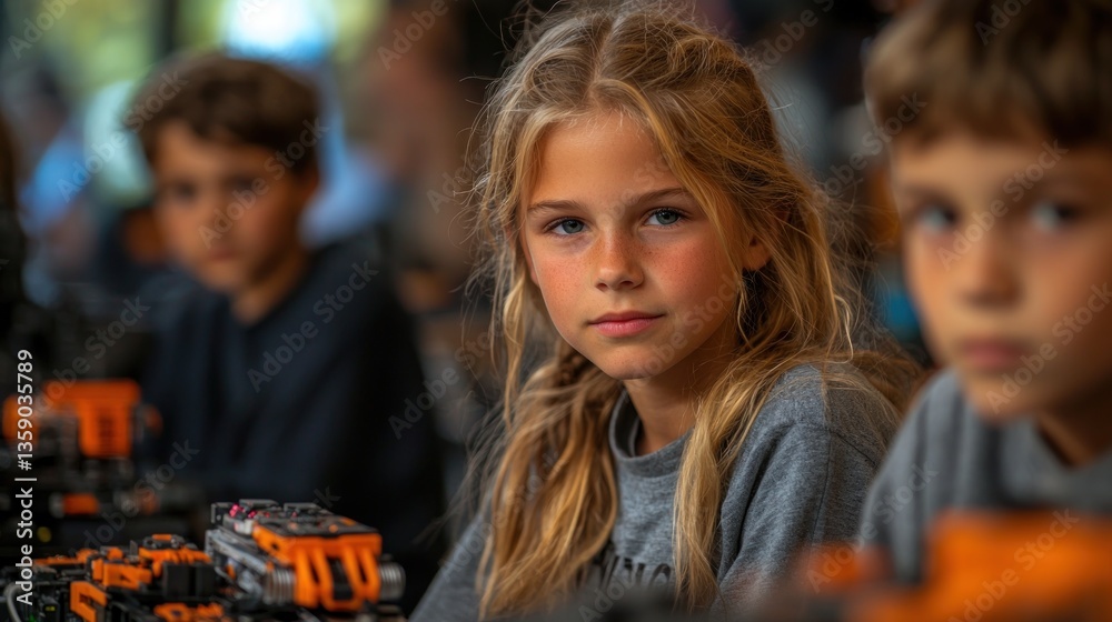Fototapeta premium Girl with blonde hair looking at camera, with other children in the background.