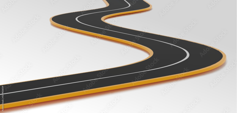 Fototapeta premium 3D curved highway path with black asphalt surface, yellow roadside markings and white dividing stripe on light background. Clean minimalist transportation design elements for infographic projects.