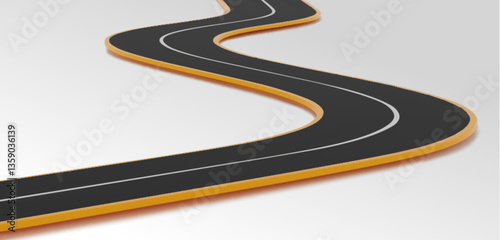 3D curved highway path with black asphalt surface, yellow roadside markings and white dividing stripe on light background. Clean minimalist transportation design elements for infographic projects.