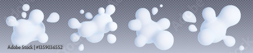 3d blob shapes in white soft style - abstract fluid formations. Organic rounded elements with floating geometric molecular particles on transparent background for modern digital design compositions.