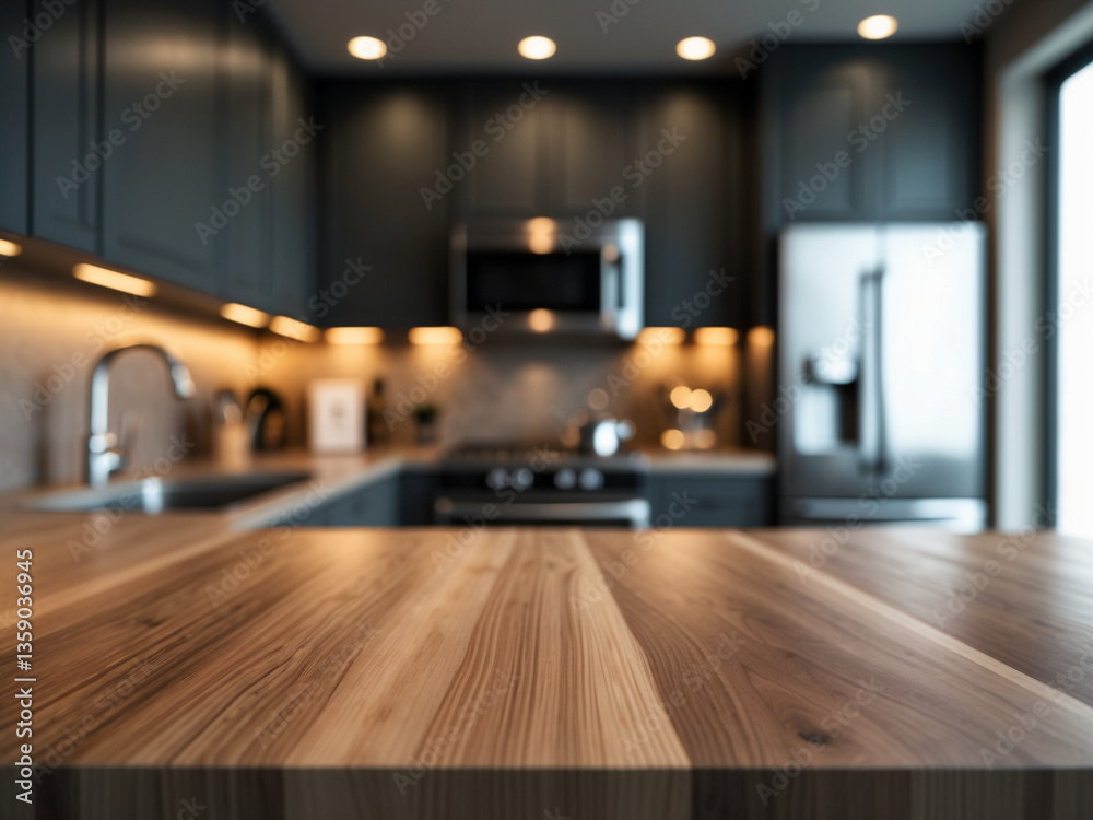 A modern kitchen with a wooden countertop in the foreground. Dark cabinetry, stainless steel appliances, and warm lighting create a stylish and cozy atmosphere. A modern kitchen with a wooden countertop in the foreground. Dark cabinetry, stainless steel appliances, and warm lighting create a stylish and cozy atmosphere.
