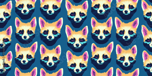 Wallpaper Mural Seamless fox pattern with stylized pop-art faces in pink and blue on dark background, bold woodland design for textiles and prints Torontodigital.ca