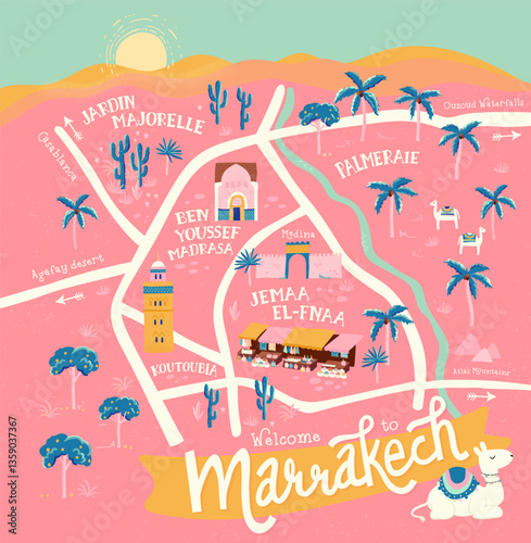 Fun and colorful hand drawn map of Marrakech, sights, palm trees, streets and many details, tourist map - vector design
