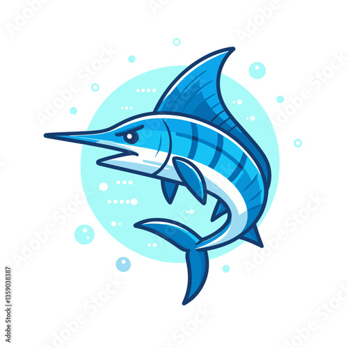 Blue marlin fish jumping from water circle background. Ideal for sport fishing, ocean wildlife conservation, or marine biology education.