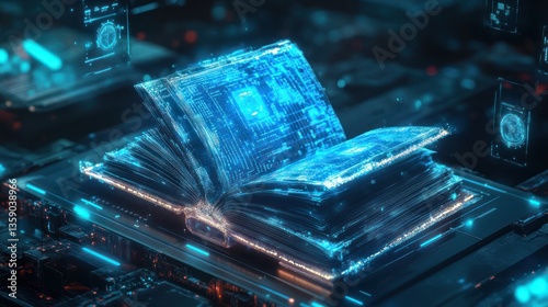 Digitalized knowledge, glowing book of data