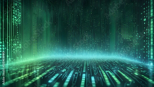Cyberpunk Digital Cityscape: Glowing Green Circuitry
