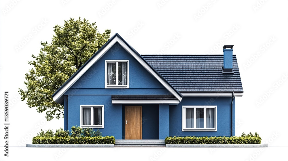 Iconic blue house design with a sharp roofline, a single door, and a large front window, cleanly displayed on a white background. Iconic blue house design with a sharp roofline, a single door, and a large front window, cleanly displayed on a white background.