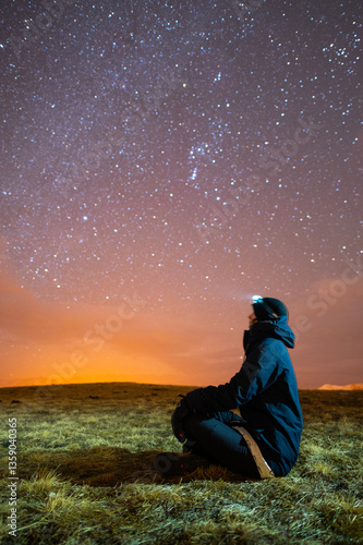 Side view of a man sitting on the grass wearing a jacket and hat, looking up at the milky way, using a headlamp
