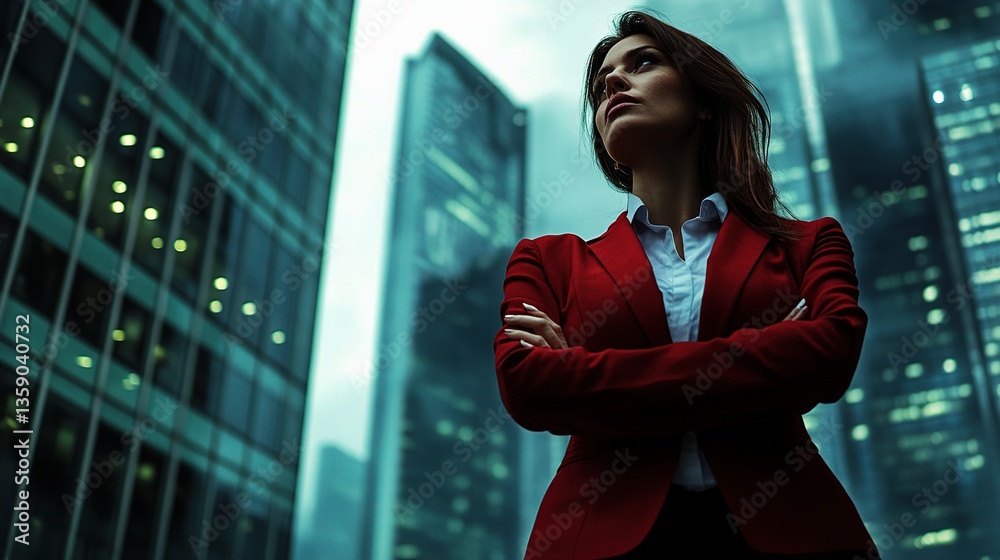 Fototapeta premium Empowered Woman in Red Blazer with Arms Crossed in Urban Environment