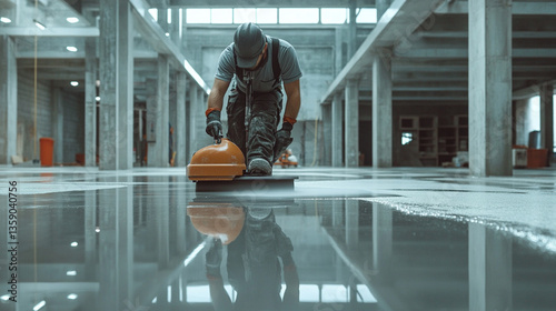 Construction worker polishing wet concrete floor in large warehouse.