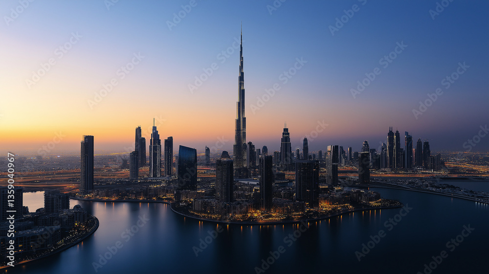 Obraz premium Futuristic cityscape at dusk dubai urban architecture environmental policy technology and climate change impact