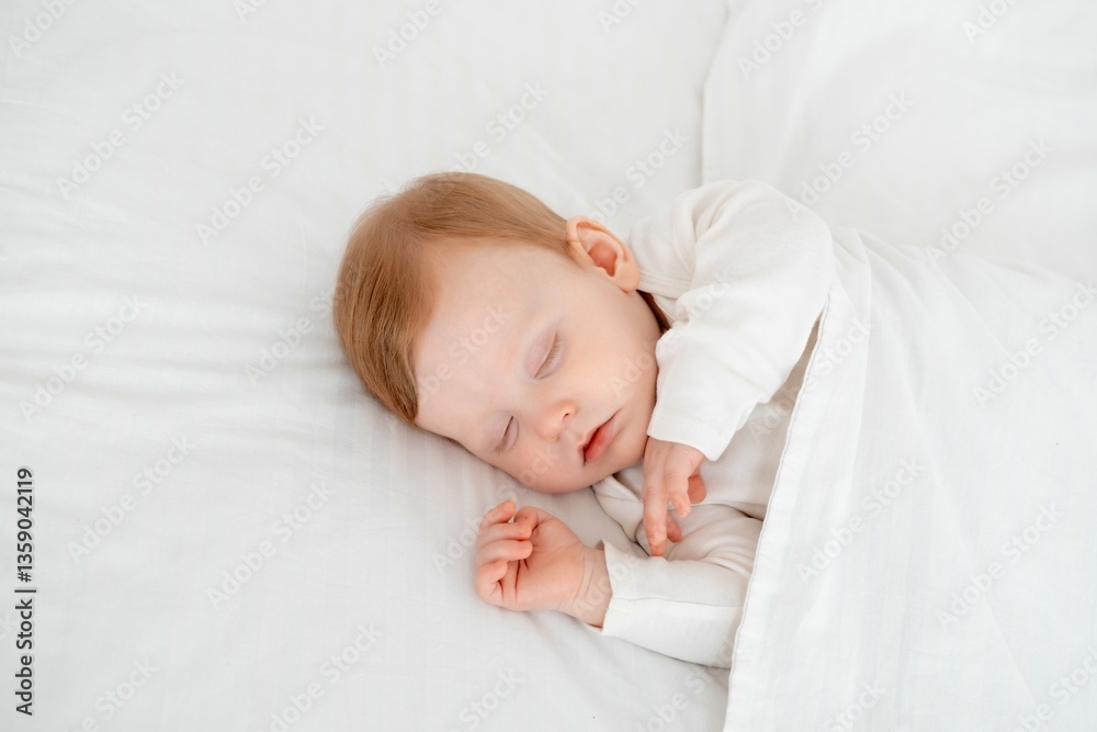 Baby boy sleeping under a blanket in a white bodysuit on the bed with his hand folded under his cheek, sweet healthy baby sleep at home Baby boy sleeping under a blanket in a white bodysuit on the bed with his hand folded under his cheek, sweet healthy baby sleep at home