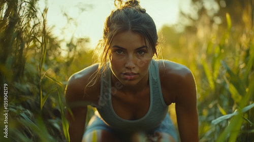 Determined woman in low starting position outdoors, surrounded by tall grass at sunset.