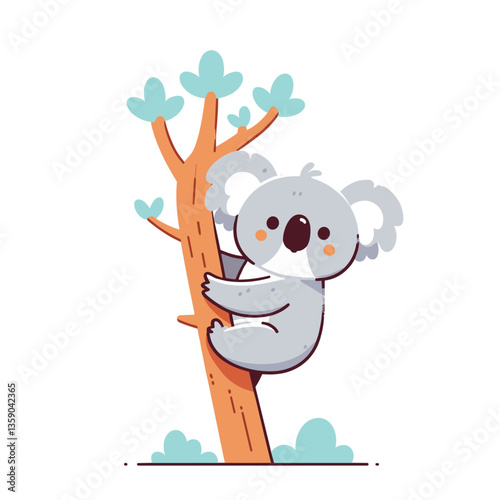 Cute koala clinging to eucalyptus tree. Perfect for Australian wildlife education, conservation awareness, or children's nursery themes.