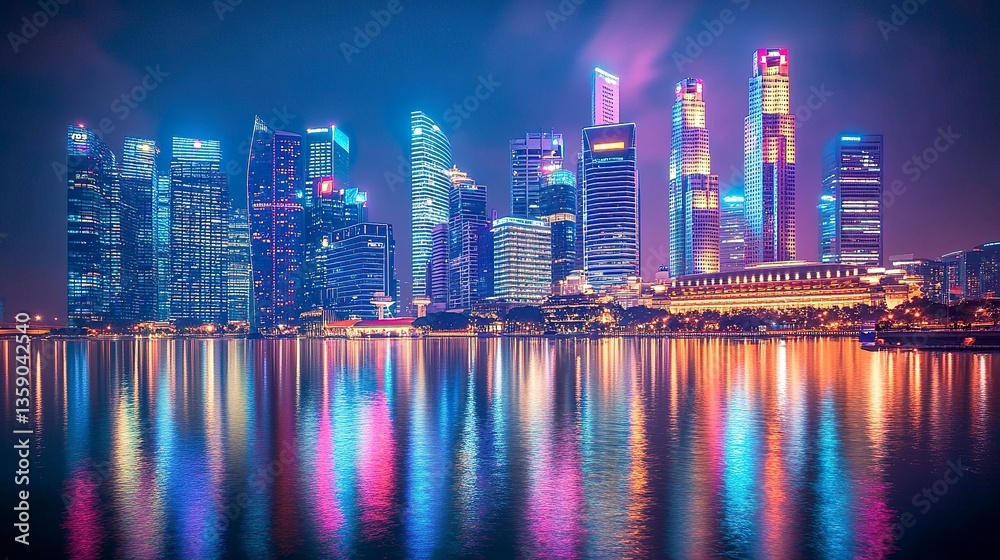 Fototapeta premium Modern skyscrapers gleam with artificial light under a colorful night sky fireworks illuminate the scene with their reflections mirrored in the river.