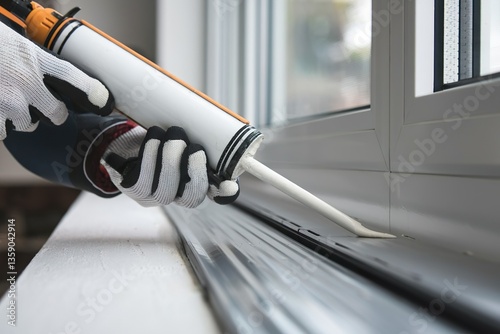 hand apply caulk gun on window frame for air tight
