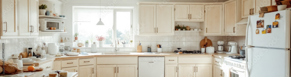 Fototapeta premium bright and airy kitchen with cream cabinets and natural sunlight