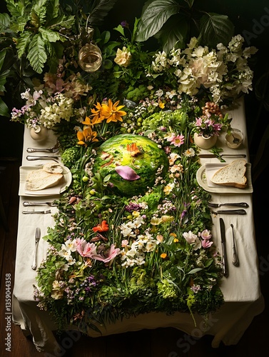 A uniquely designed table completely adorned with diverse botanical flora