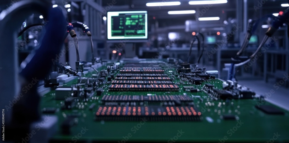 Obraz premium Wide shot of a semiconductor showcasing intricate details and advanced technology in a cleanroom environment.
